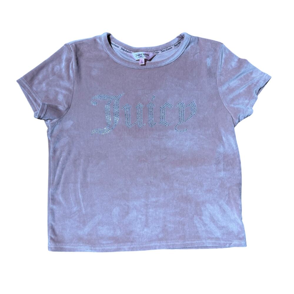 Y2K Juicy Couture Pink Velour Shirt SZ L Spellout Bling Stretch Crewneck Crop